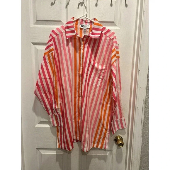 Beach Riot Alexa Coverup‎ Sunset Pink Red Striped Button Front Petite Large - Picture 1 of 6